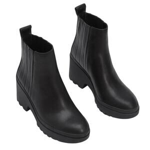 Eileen Fisher Kat Wedge Bootie in Black Leather Size 9.5 EUC Pull On Block Heel